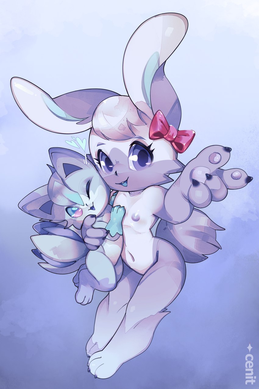 4_fingers anthro bow_on_ear duo female fingers glistening glistening_body gradient_background hug kemono looking_at_viewer nude simple_background young young_anthro young_female quinto fakemon conee fan_character lagomorph leporid lewxen mammal rabbit 2:3 hi_res