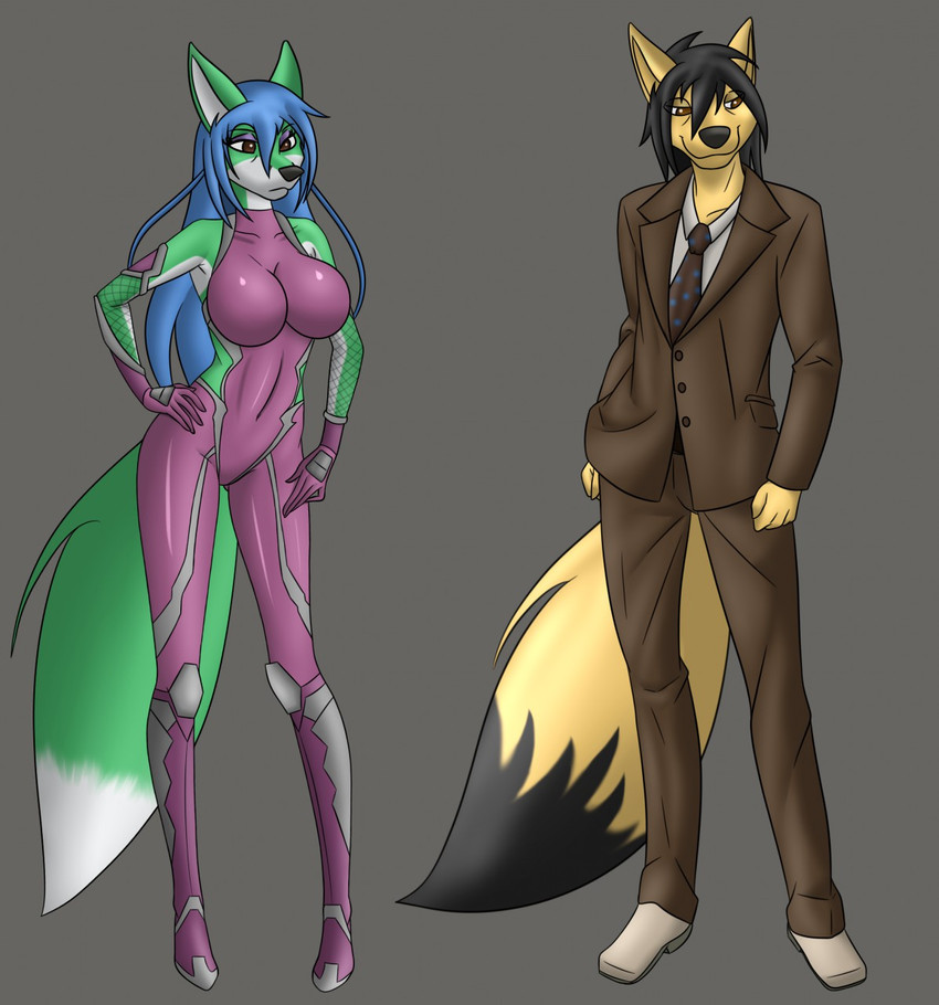 anthro black_hair blue_hair breasts brown_eyes clothed clothing cosplay duo female fur green_body green_fur hair male male/female skintight_bodysuit yellow_body yellow_fur aventis_vixxx british_broadcasting_corporation doctor_who taimanin_(series) taimanin_asagi aventis igawa_asagi ruben_(djcoyoteguy) tenth_doctor the_doctor_(doctor_who) canid canine canis coyote fox mammal hi_res