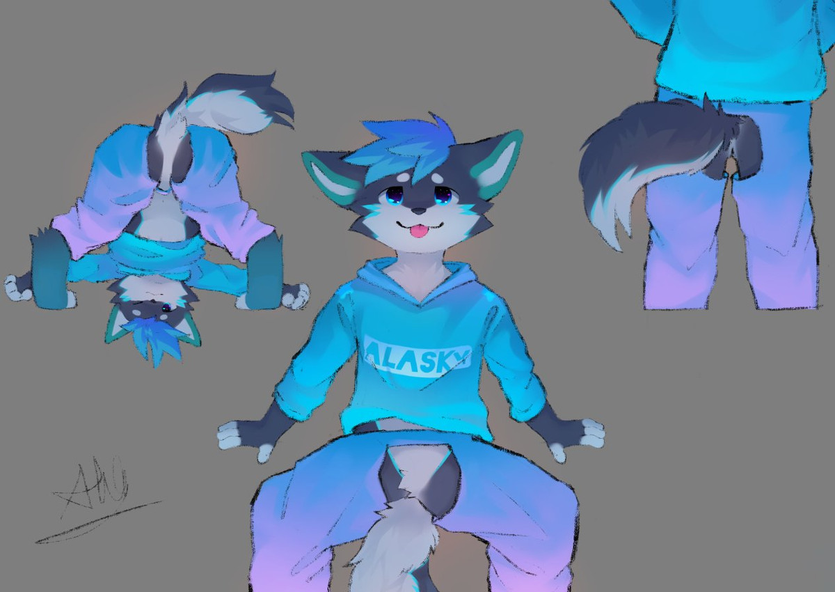 anthro ass_up biped black_body black_clothing black_fur black_hoodie black_topwear blep blue_bottomwear blue_clothing blue_hair blue_pants bottomwear clothing crotchless_bottomwear crotchless_clothing crotchless_pants crouchless featureless_crotch fur hair hoodie kemono male null pants purple_bottomwear purple_clothing purple_pants shota slim_anthro slim_male solo tongue tongue_out topwear white_body white_fur young young_anthro young_male fur_alasky canid canine canis domestic_dog husky mammal nordic_sled_dog spitz 2022