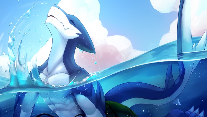 abs anthro blue_body blue_sky blue_tail bottomwear clothed clothing cloud eyes_closed green_bottomwear green_clothing male partially_submerged pecs sky smile solo tail topless white_body white_tail kuttoyaki dolfengra fish marine shark