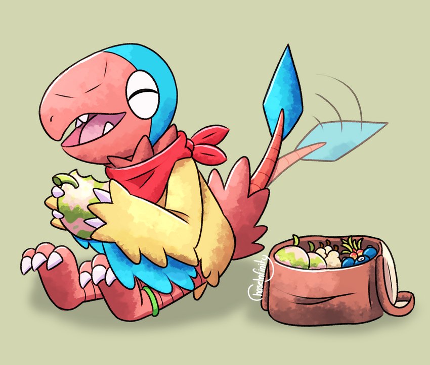 3_toes beak bracelet brown_satchel claws clothing eating eating_food eyes_closed fangs feather_tuft feathers feet feral food fruit green_bracelet happy jewelry kerchief leppa_berry male multicolored_body multicolored_feathers open_mouth oran_berry plant pokemon_berry red_kerchief satchel sitrus_berry solo spade_tail tail tail_motion tailwag talons teeth toes tongue tuft watmel_berry wings chaseinfinity nintendo pokemon regi_(jmc) archen avian bird fossil_pokemon generation_5_pokemon pokemon_(species) hi_res