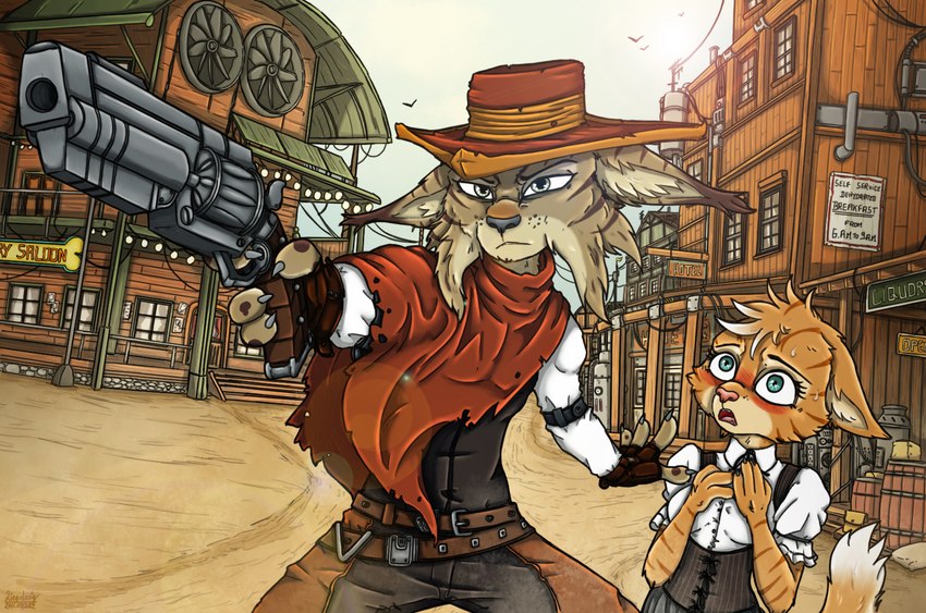 anthro blue_eyes brown_body brown_fur clothing duo far_west female fur green_eyes gun handgun hat headgear headwear male pistol ranged_weapon saloon text weapon wild_west ziegelzeig bad_guy_cafe colt_lasky sarha_solar domestic_cat felid feline felis lynx mammal 2022 english_text