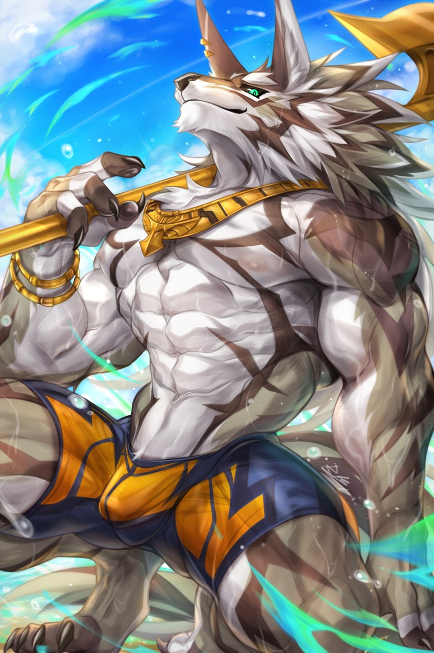 abs anthro black_nose bracelet bulge claws clothed clothing cloud countershading crouching day detailed_bulge fur green_eyes grey_body grey_fur jewelry kemono looking_at_viewer looking_down male markings muscular muscular_anthro muscular_male navel necklace nipples outside pecs scepter sky smile solo toe_claws topless white_body white_fur rabbity lifewonders tokyo_afterschool_summoners seth_(tas) canid canine canis jackal mammal 2022 absurd_res digital_drawing_(artwork) digital_media_(artwork) hi_res shaded signature