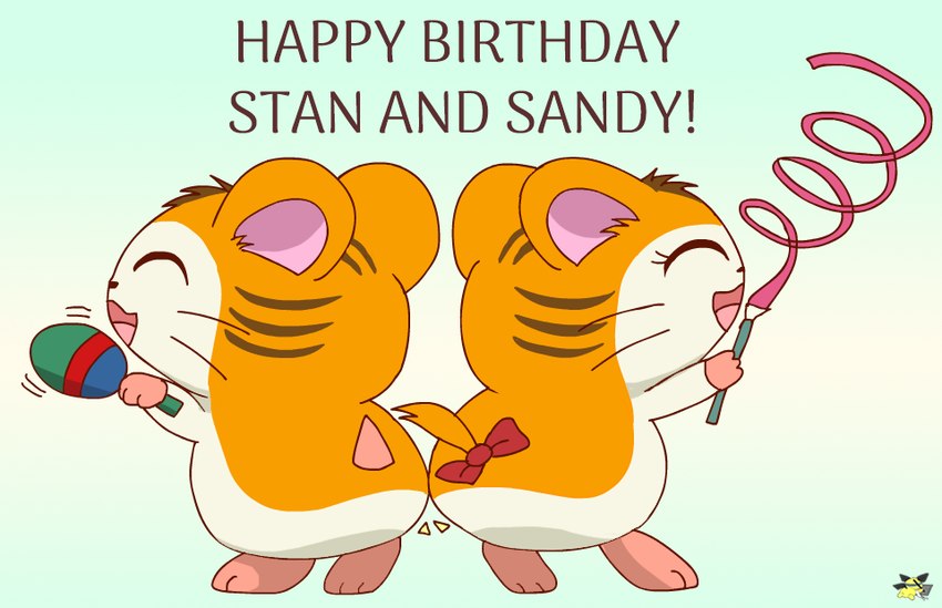 accessory bow_ribbon butt butt_bump eyes_closed female feral fur furgonomics happy_birthday logo male maraca musical_instrument orange_body orange_fur percussion_instrument ribbons simple_background tail tail_accessory tail_bow tail_ribbon white_body white_fur pichu90 hamtaro_(series) sandy_(hamtaro) stan_(hamtaro) cricetid hamster mammal rodent artist_logo brother_(lore) brother_and_sister_(lore) sibling_(lore) sister_(lore) twins_(lore)