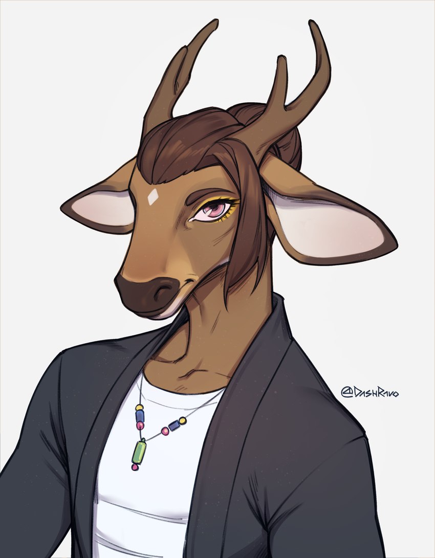 anthro antlers clothed clothing horn jacket jewelry looking_at_viewer male manbun necklace simple_background solo topwear white_background dash_ravo frankie_(wrinklynewt) cervine deer mammal sika_deer 2024 absurd_res hi_res portrait