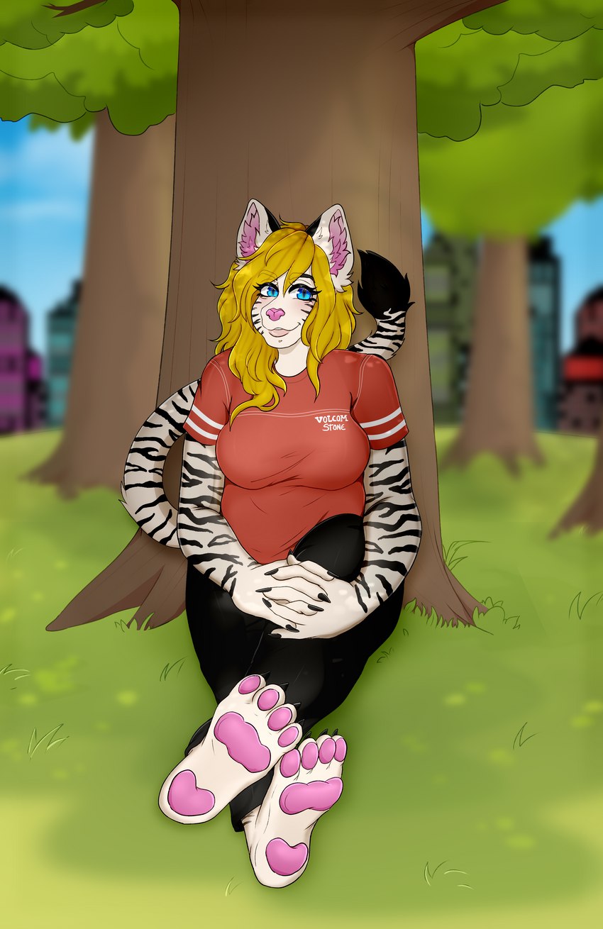 anthro clothed clothing feet female scenery slightly_chubby slightly_chubby_female solo hilaky nyla_(whitekitteh) felid mammal pantherine tiger absurd_res hi_res nonbinary_(lore) trans_(lore) trans_woman_(lore)