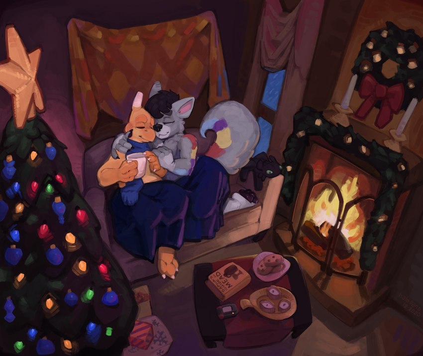 bedding blanket book bow_ribbon candle christmas_decorations christmas_lights christmas_present christmas_tree container cookie cuddling cup eyes_closed fireplace food fur furniture gift holidays mug multicolored_body multicolored_fur ornament pawpads plant plushie snow snowing sofa table tree tree_topper window window_curtains window_light wreath halo-pano christmas dreamworks how_to_train_your_dragon beeper blazin_(blazindevilify) toothless canid canine canis domestic_dog husky mammal nordic_sled_dog spitz absurd_res hi_res