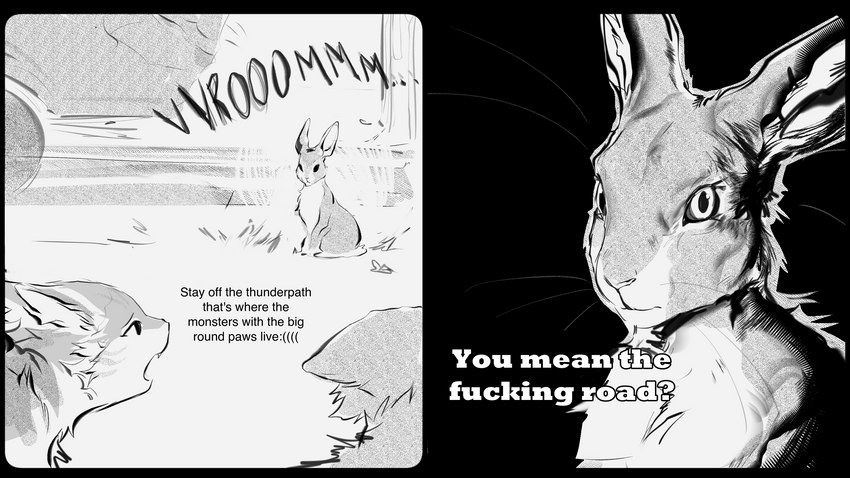 ambiguous_gender car dialogue ears_back ears_down eyebrows feral fur group humor looking_at_another open_mouth pivoted_ears profanity sitting snout sound_effects talking_feral text the_truth trio vehicle conditional_dnp fireflufferz warriors_(book_series) watership_down hazel_(watership_down) domestic_cat felid feline felis lagomorph leporid mammal rabbit 16:9 2023 comic digital_drawing_(artwork) digital_media_(artwork) english_text greyscale hi_res monochrome widescreen