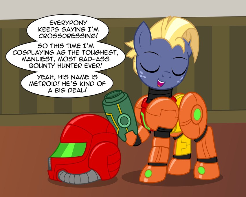 armor blonde_hair blue_body blue_fur clothed clothing cosplay dialogue eyes_closed freckles fur hair headgear helmet machine male on_model power_armor power_suit solo text varia_suit badumsquish friendship_is_magic hasbro metroid my_little_pony nintendo samus_aran star_tracker_(mlp) earth_pony equid equine horse mammal pony 2021 digital_media_(artwork) english_text hi_res meme