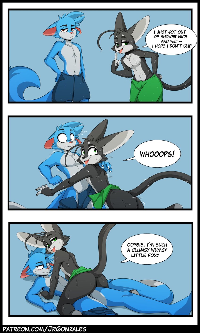 3_panel_comic anthro anthro_on_anthro black_body black_fur blue_background blue_body blue_fur butt cheek_tuft countershading dialogue duo ears_back facial_tuft fangs fur green_eyes grey_body grey_fur half-closed_eyes humor male male/male multicolored_body multicolored_fur narrowed_eyes open_mouth open_smile orange_eyes pivoted_ears simple_background smile speech_bubble teeth text towel towel_only tuft two_tone_body two_tone_fur wet wet_body wet_fur wide_eyed jay-r jay-r_(character) page_(jay-r) canid canine domestic_cat felid feline felis fennec_fox fox hybrid mammal true_fox 2022 3:5 english_text hi_res url