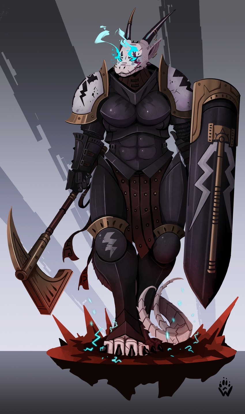 2_horns anthro armor black_horn blue_eyes boob_armor breasts ear_piercing ear_ring facial_scar female flaming_eyes forked_tail hammer holding_object holding_shield holding_weapon horn piercing plate_armor ring_piercing scales scar shield solo tail tools tower_shield unusual_anatomy unusual_tail warhammer weapon white_body white_scales wolfdawg mythology warhammer_(franchise) warhammer_age_of_sigmar stormcast_eternal_(aos) dragon mythological_creature mythological_scalie scalie absurd_res hi_res