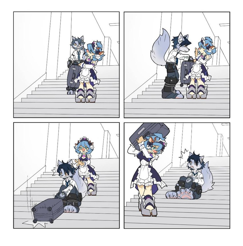 4_panel_comic black_hair blue_body blue_eyes blue_fur blue_hair border bottomwear claws clothing detailed_background dress duo female fingerless_gloves footwear fur gloves group hair handwear inside maid_uniform male necktie pants pawpads pink_pawpads shirt shoes sitting stairs standing suitcase surprise tail toe_claws topwear uniform white_border white_clothing white_shirt white_topwear yellow_eyes tailesi unhappy_raccoon audhum_(unhappy_raccoon) caenis_(unhappy_raccoon) canid canine mammal comic digital_drawing_(artwork) digital_media_(artwork) flat_colors