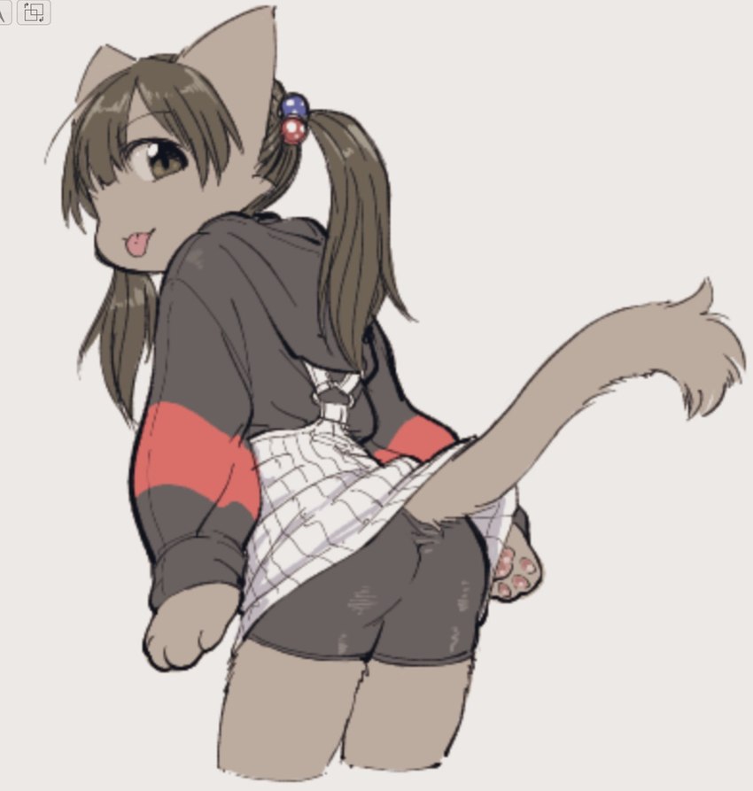 anthro butt clothed clothing female hoodie looking_at_viewer looking_back pawpads pigtails solo tight_clothing tongue tongue_out topwear upskirt young young_anthro young_female yonsai hiraragi_akane domestic_cat felid feline felis mammal hi_res