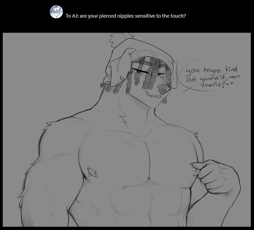 anthro ask_blog beanie_only bedroom_eyes dreadlocks facial_hair floppy_ears male muscular muscular_male narrowed_eyes nipple_fetish nipple_piercing nipple_pinch nipple_play nipple_pull nipples piercing pinch seductive solo speech_bubble teasing teasing_viewer text cerberussenn aj_morales_(cerberussenn) canid canine canis domestic_dog mammal mastiff molosser rottweiler absurd_res english_text hi_res