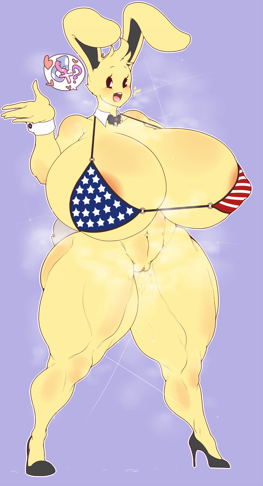 american_flag american_flag_bikini anthro big_breasts bikini bikini_top bodily_fluids bottomless breasts clothed clothing dripping_pussy female flag flag_bikini flag_clothing flag_print flag_swimwear fluffy fluffy_tail footwear fur genital_fluids high_heels huge_breasts hyper hyper_breasts print_bikini print_clothing print_swimwear shoes solo swimwear tail thick_thighs two-piece_swimsuit united_states_of_america vaginal_fluids yellow_body yellow_fur ber00 opqhlak posterbunbun lagomorph leporid mammal rabbit absurd_res digital_media_(artwork) hi_res