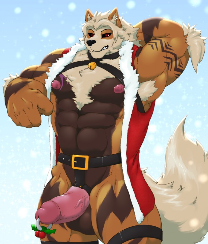 anthro anthrofied armpit_hair balls body_hair bondage_gear chest_hair erection genital_piercing genitals holidays humanoid_genitalia humanoid_penis male muscular muscular_anthro muscular_male nipples pecs penis penis_piercing piercing pokemorph prince_albert_piercing snow solo standing vein croiyan christmas nintendo pokemon fan_character laarx arcanine generation_1_pokemon pokemon_(species) hi_res