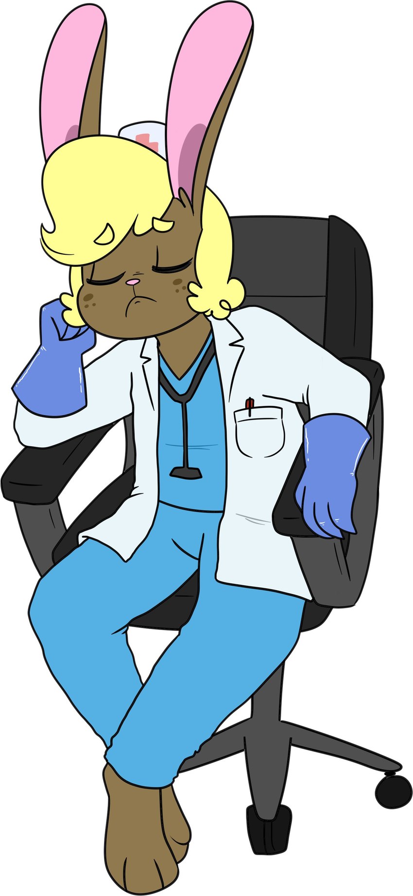 + 3_toes 4_fingers anthro barefoot biped blonde_eyebrows blonde_hair blue_bottomwear blue_clothing blue_pants blue_scrubs blue_shirt blue_topwear bottomwear brown_body brown_ears brown_freckles brown_fur chair clothed clothed_anthro clothed_male clothing coat cross ears_up eyebrow_through_hair eyebrows eyes_closed feet fingers freckles fur furniture gloves hair handwear hat headgear headwear lab_coat male male_anthro medical_gloves medical_instrument nurse nurse_clothing nurse_hat nurse_headwear on_chair open_lab_coat pants pen pen_in_pocket pink_cross pink_inner_ear pink_nose rabbit_ears scientific_instrument scrubs shirt simple_background sitting sitting_on_chair sleeping solo stethoscope tail toes topwear translucent translucent_hair white_background white_clothing white_hat white_headwear white_lab_coat chokovit_(artist) valentine_fleischer lagomorph leporid mammal rabbit 2020 absurd_res colored digital_drawing_(artwork) digital_media_(artwork) hi_res