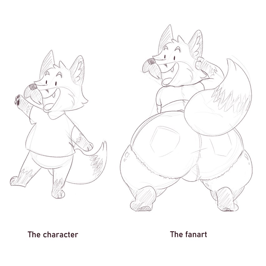 anthro big_butt bottomwear bulge butt chibi clothing cute_fangs dot_eyes facial_hair fangs humor male mustache shirt shorts simple_background simple_eyes solo teeth text the_truth topwear white_background effses canid canine fox mammal 1:1 2022 hi_res sketch