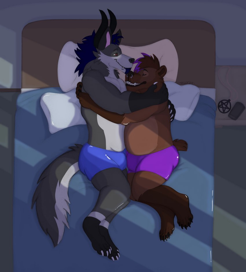 anthro bed bedroom belly biped bulge claws clothing cuddling demonic demonic_eyes duo evil_grin fangs feet fur furniture grey_body grey_fur hair horn hug jewelry light lying male male_anthro mane mane_hair medallion moonlight muscular muscular_anthro muscular_male necklace night occult_symbol on_side paws pentagram piercing plantigrade pupils purple_hair red_eyes size_difference slightly_chubby slit_pupils smile symbol table tail teeth underwear sillywerwolf myth_(mythdawuff) bear brown_bear canid canine canis demon dire_wolf grizzly_bear mammal prehistoric_species ursine wolf wolf_demon hi_res