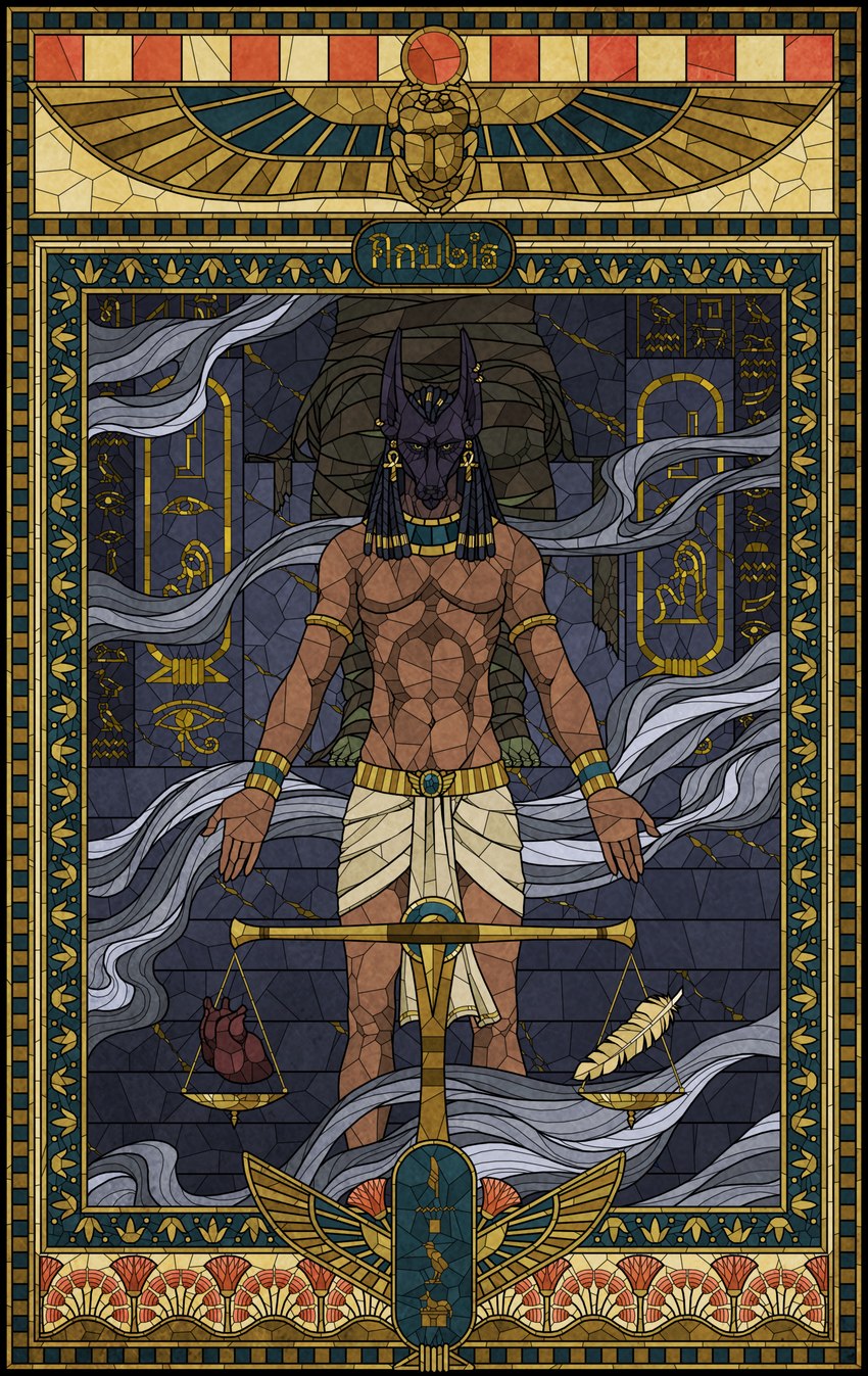 ankh anthro black_border black_hair black_nose border bottomwear clothed clothing detailed_background dreadlocks ear_piercing egyptian egyptian_clothing feather_of_maat feathers gold_(metal) gold_jewelry hair heart_(organ) jewelry loincloth looking_at_viewer male muscular muscular_male organs piercing solo stained_glass topless topless_male weighing_scale yellow_eyes ryzh egyptian_mythology middle_eastern_mythology mythology anubis anubian_jackal canid canine canis deity jackal mammal 2020 absurd_res hi_res