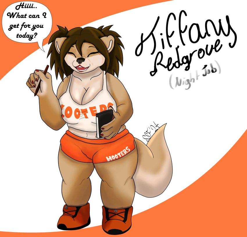 anthro big_breasts big_butt bottomwear breasts brown_body brown_hair butt clothed clothed_anthro clothing colored_nails eyes_closed fast_food_employee fast_food_uniform female footwear freckled_face freckles hair holding_object hooters_uniform lipstick looking_at_viewer makeup nails orange_bottomwear orange_clothing orange_footwear orange_shoes orange_shorts otter_tail pigtails red_lipstick restaurant shoes shorts simple_background smile smiling_at_viewer text thick_thighs wide_hips sinisterslyfox hooters animal_humanoid humanoid mammal mammal_humanoid mustelid mustelid_humanoid otter otter_humanoid absurd_res english_description english_text hi_res shaded soft_shading