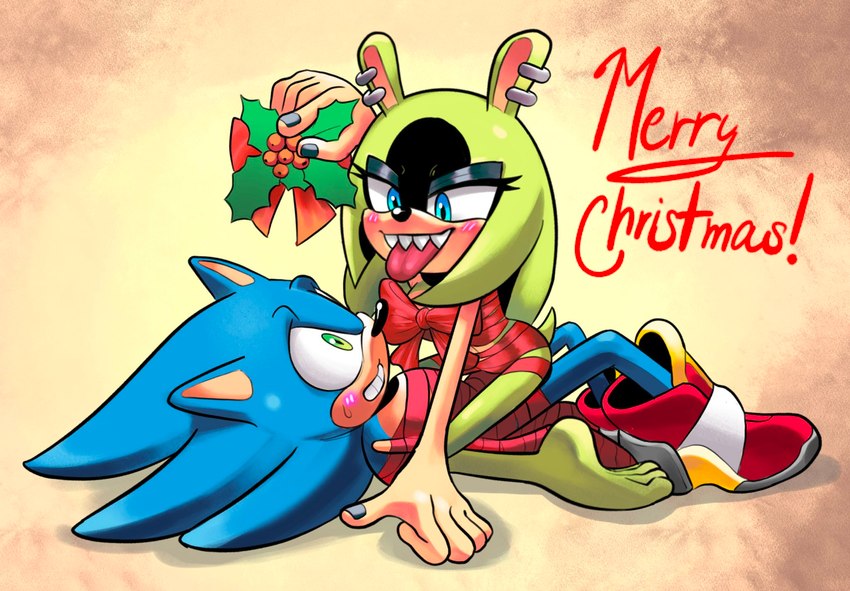 anthro blue_eyes blush bound bow_ribbon clothing duo ear_piercing embarrassed exclamation_point eyelashes female footwear green_eyes holidays looking_at_another male male/female mistletoe piercing plant ribbons sharp_teeth shoes smile tail teeth text tongue tongue_out devarts christmas idw_publishing sega sonic_the_hedgehog_(comics) sonic_the_hedgehog_(idw) sonic_the_hedgehog_(series) sonic_the_hedgehog surge_the_tenrec afrosoricid eulipotyphlan hedgehog mammal tenrec 2024 english_text hi_res