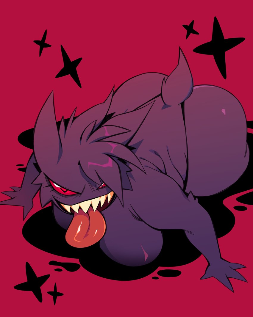 breasts clothed clothing eyelashes female fur glistening glistening_body glistening_breasts looking_at_viewer purple_tail red_background red_eyes sharp_teeth short_tail simple_background skimpy solo tail teeth tongue tongue_out glacierclear nintendo pokemon generation_1_pokemon gengar humanoid pokemon_(species) 2024 absurd_res hi_res