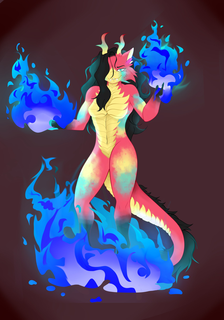 anthro female fire hair horn looking_at_viewer simple_background solo tail guepardoxart mythology dragon elemental_creature fire_creature hybrid mythological_creature mythological_scalie scalie 2020 absurd_res hi_res