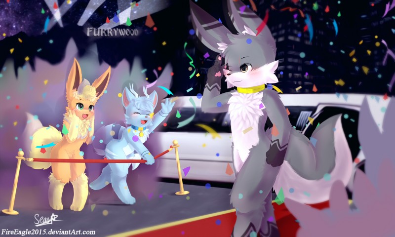 antlers blush building car carpet collar confetti countershading fangirl female flashlight furrywood horn kemono light limousine luxury_car male public_transportation red_carpet super_star vehicle vehicle_for_hire senz nintendo pokemon fan_character sean_(senz) eeveelution flareon generation_1_pokemon iradeon pokemon_(species) 2018 5:3 absurd_res hi_res