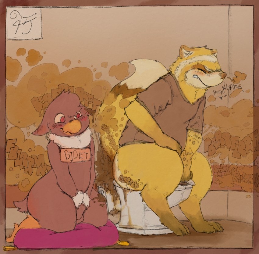 anthro arm_tuft barefoot bathroom beak being_watched belly big_butt blush blush_lines bottomless butt clothed clothing diarrhea duo emro enjoying_feces enjoying_the_go explosive_diarrhea eyes_closed fart fart_cloud fart_fetish feces feces_on_body feces_on_face feces_on_tail feet fluffy fluffy_tail flustered gassy hand_between_legs hand_on_hip imminent_coprophagia imminent_oral imminent_rimming looking_aside looking_at_another looking_at_butt male male/male messy neck_tuft on_toilet pillow poop_on_head pooping pooping_in_toilet pooping_on_another potty_time public_restroom red_eyes rumbling_stomach sitting sitting_on_toilet slightly_chubby straining tail thick_thighs toilet toilet_bowl toilet_play toilet_seat toilet_use tuft wearing_sign wide_hips wrist_tuft yellow_body anonymous_artist avian bird canid canine fox hybrid mammal mustelid hi_res