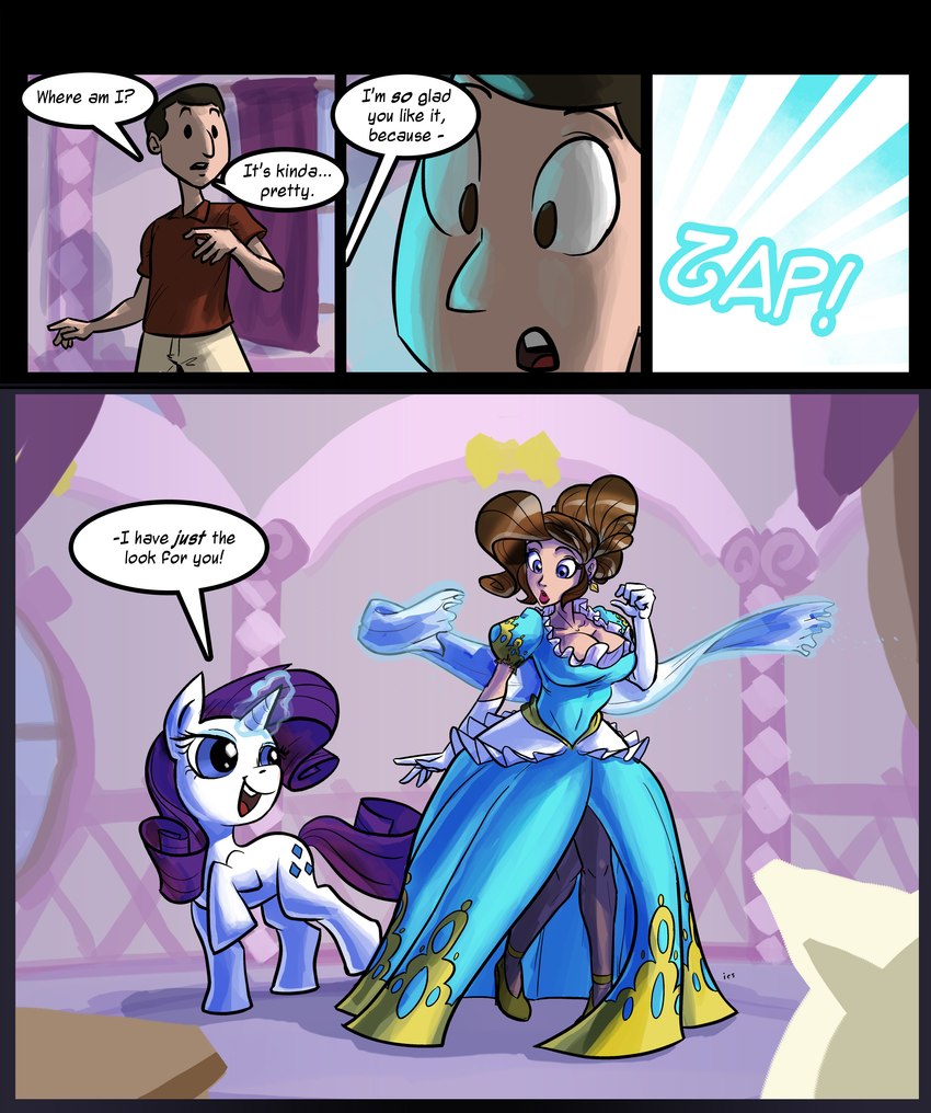 ball_gown blue_eyes breasts brown_hair cleavage clothed clothing cutie_mark dialogue dress duo ear_piercing female feral fur furniture gender_transformation hair horn inside magic male mtf_transformation nude open_mouth piercing poof_transformation purple_hair sound_effects speech_bubble table text toony_eyes transformation unicorn_horn white_body white_fur window zapped iancsamson friendship_is_magic hasbro my_little_pony mythology rarity_(mlp) equid equine horse human mammal mythological_creature mythological_equine pony unicorn absurd_res comic english_text hi_res