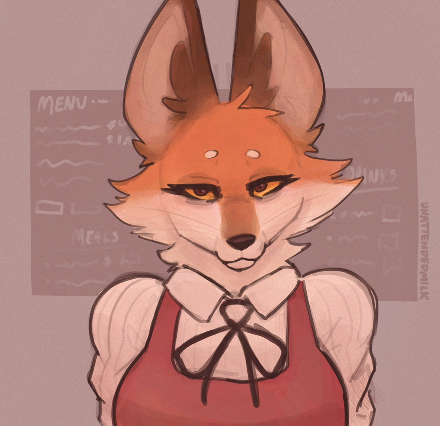anthro big_ears black_nose breasts cheek_tuft clothed clothed_female clothing facial_tuft female front_view fully_clothed fully_clothed_female fur looking_at_viewer menu orange_body orange_fur restaurant shirt solo topwear tuft waiter whiskers yellow_eyes unattendedmilk canid canine fox mammal bust_portrait hi_res portrait