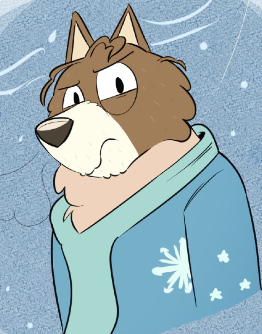 anthro black_eyes blue_clothing blue_jacket blue_topwear brown_body brown_ears brown_fur brown_hair brown_nose clothing frown fur green_scarf hair half-closed_eyes jacket looking_at_viewer male multicolored_body multicolored_clothing multicolored_fur multicolored_topwear narrowed_eyes orange_body orange_fur outside scarf snow snowing solo topwear two_tone_clothing two_tone_jacket two_tone_topwear white_clothing white_jacket white_topwear beargarbage bluey_(series) mort_cattle australian_cattle_dog canid canine canis cattledog domestic_dog herding_dog mammal pastoral_dog 2024 digital_media_(artwork)