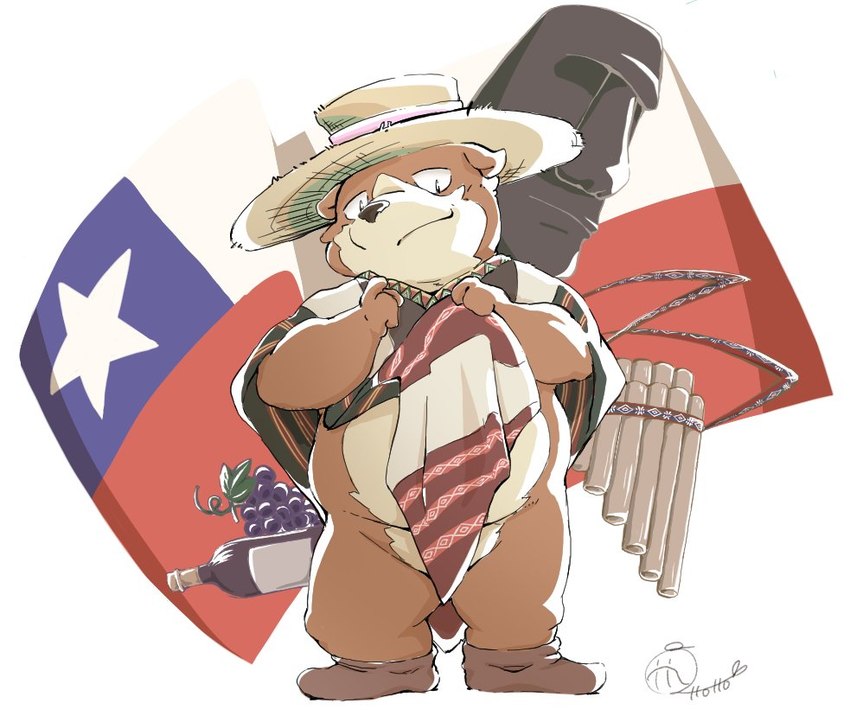 anthro biped black_nose brown_body chile chilean_flag clothed clothing flag food fruit grape hat headgear headwear kemono musical_instrument panpipes plant slightly_chubby solo 0ottotto0 canid canine canis domestic_dog mammal 2016