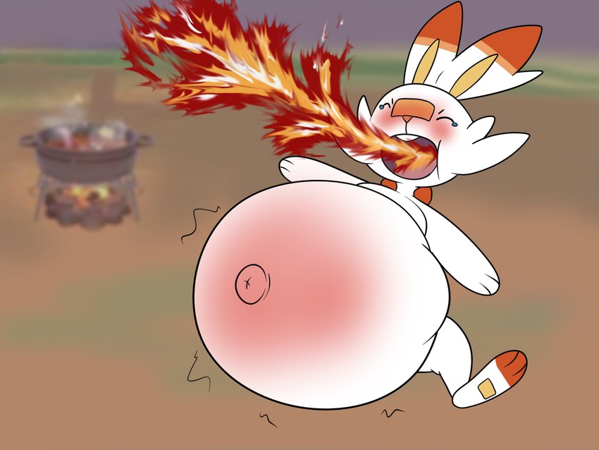 ambiguous_gender anthro belly belly_blush belly_expansion big_belly bloated blurred_background blush bodily_fluids body_blush buckteeth burping burping_fire close_to_bursting curry detailed_background expansion eyes_closed fire fire_from_mouth game_background huge_belly hyper hyper_belly implied_popping inflation motion_lines navel open_mouth orange_ears outie_navel outside pawpads pink_nose pink_tongue sitting solo tears teeth tongue white_body white_ears yellow_inner_ear yellow_pawpads alvro nintendo pokemon generation_8_pokemon pokemon_(species) scorbunny 2024 4:3 colored digital_media_(artwork) flat_colors hi_res