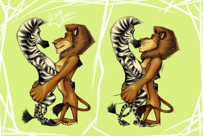 biped brown_body brown_fur duo fur hooves hug i_love_you interspecies kiss_on_lips kissing making_out male male/male mane multicolored_body multicolored_fur on_hind_legs striped_body striped_fur stripes lawliet-r dreamworks madagascar_(series) alex_(madagascar) marty_(madagascar) equid equine felid lion mammal pantherine zebra 2014 digital_drawing_(artwork) digital_media_(artwork)