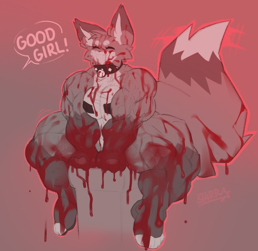 4_toes anthro bell bell_collar black_collar black_pasties blood blood_on_arm blood_on_body blood_on_breast blood_on_ear blood_on_face blood_on_feet blood_on_fur blood_on_hand blood_on_leg blood_on_tail bodily_fluids breasts brown_arms brown_legs cheek_tuft circle_eyebrows collar countershade_torso countershading covered_in_blood dipstick_tail exclamation_point eyebrows eyelashes eyes_closed facial_tuft feet female female_anthro fluffy fluffy_tail fur good_girl head_tuft inner_ear_fluff markings multicolored_arms multicolored_ears multicolored_legs multicolored_tail muscular muscular_anthro muscular_female offscreen_character outline pasties pink_text red_background red_outline simple_background smile solo spread_legs spreading tail tail_markings tail_motion tailwag tan_arms tan_body tan_ears tan_fur tan_legs tan_tail tan_tuft text toes tuft two_tone_arms two_tone_ears two_tone_legs white_body white_breasts white_countershading white_eyebrows white_inner_ear_fluff white_snout white_tail_tip white_toes starreuges bb_(starreuges) canid canine mammal english_text hi_res