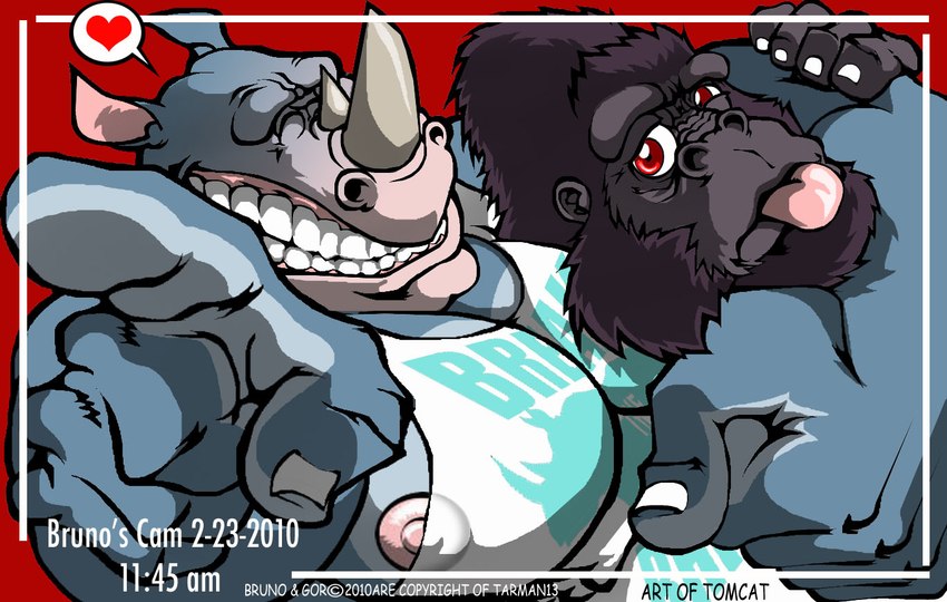 anthro camera_view duo headlock heart_symbol male muscle_shirt muscular muscular_anthro muscular_male nipples pecs pink_nipples speech_bubble tomcat_(artist) bruno_rhynox gor_(tomcat) ape gorilla haplorhine mammal primate rhinoceros 2010