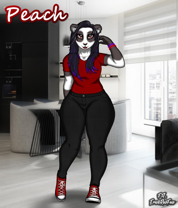 anthro biped blue_hair bottomwear bracelet brown_eyes clothing female footwear hair jewelry looking_at_viewer pants pose red_clothing red_footwear red_shoes shoes solo erickredfox peach_panda bear giant_panda mammal hi_res