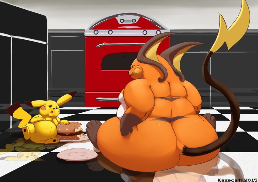 anthro appliance belly big_belly big_butt burger butt duo eating eating_food female feral food fur huge_butt kitchen kitchen_appliance male male/female nude obese obese_anthro obese_female obese_male oven overweight overweight_anthro overweight_female overweight_male sitting sitting_on_ground size_difference kazecat nintendo pokemon cocoa_(cheesecaker) sparks_(cheesecaker) generation_1_pokemon mammal pikachu pokemon_(species) raichu rodent 2015