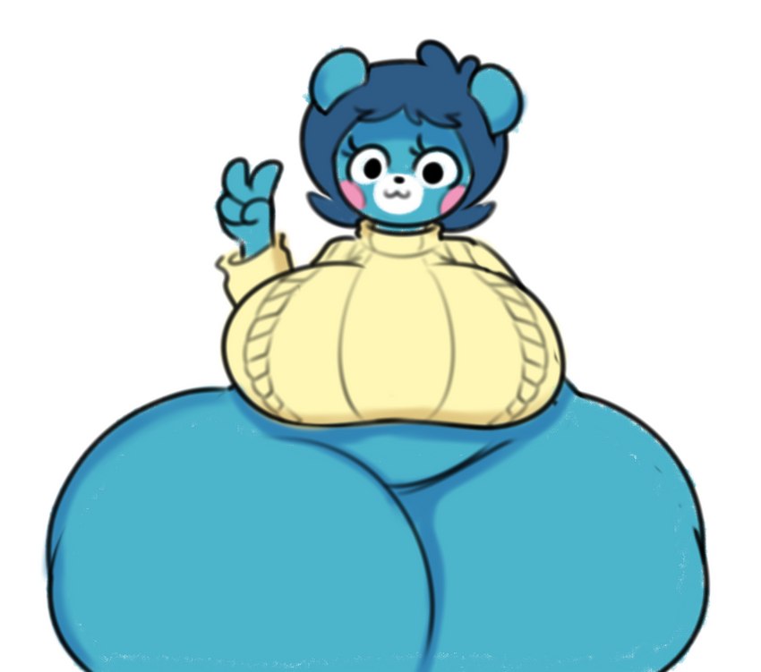 anthro big_breasts big_butt blue_body blush bottom_heavy breasts butt clothing female gesture hand_gesture huge_breasts huge_butt huge_thighs hyper hyper_butt hyper_thighs looking_at_viewer shirt simple_background smile solo standing thick_thighs topwear v_sign dewbber animal_crossing nintendo bluebear_(animal_crossing) bear mammal