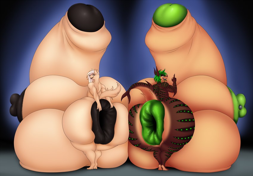 anthro anus balls big_anus big_balls big_breasts big_butt big_penis breasts brown_body brown_skin brown_stripes butt claws countershading duo fin genitals gesture green_eyes green_hair green_nipples green_spots gynomorph hair hand_gesture holding_anus huge_anus huge_balls huge_breasts huge_butt huge_penis hyper hyper_anus hyper_balls hyper_breasts hyper_butt hyper_genitalia hyper_nipples hyper_penis intersex looking_at_viewer looking_back looking_back_at_viewer middle_finger nipple_piercing nipples non-mammal_breasts non-mammal_nipples penis piercing puffy_anus puffy_nipples shark_tail shark_teeth spots stripes tail tail_fin tan_body nightmare-arts aella domestic_ferret fish mammal marine mustelid musteline shark true_musteline weasel absurd_res hi_res