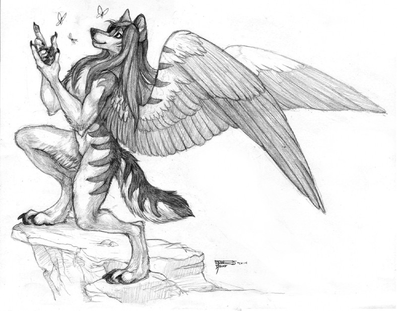 anthro biped feathered_wings feathers female hair insect_wings long_hair looking_up rock smile solo standing wings simul tala_(suntattoowolf) ambient_arthropod ambient_butterfly ambient_insect arthropod butterfly canid canine canis insect lepidopteran mammal wolf 2014 artist_collaboration monochrome traditional_media_(artwork)