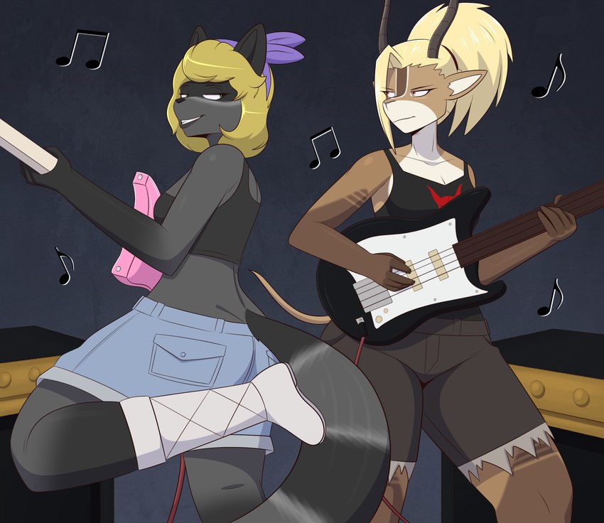 anthro blonde_hair bottomwear breasts brown_body brown_fur clothed clothing duo electric_guitar female fur gradient_eyes green_eyes grey_body grey_fur guitar hair horn multicolored_body multicolored_fur music musical_instrument playing_music plucked_string_instrument ponytail shirt shorts string_instrument tail tan_body tan_fur tank_top topwear white_body white_fur flyingtrace sadia_(flyingtrace) tessa_rasputin antelope bovid mammal procyonid raccoon 2025 digital_media_(artwork) hi_res shaded signature