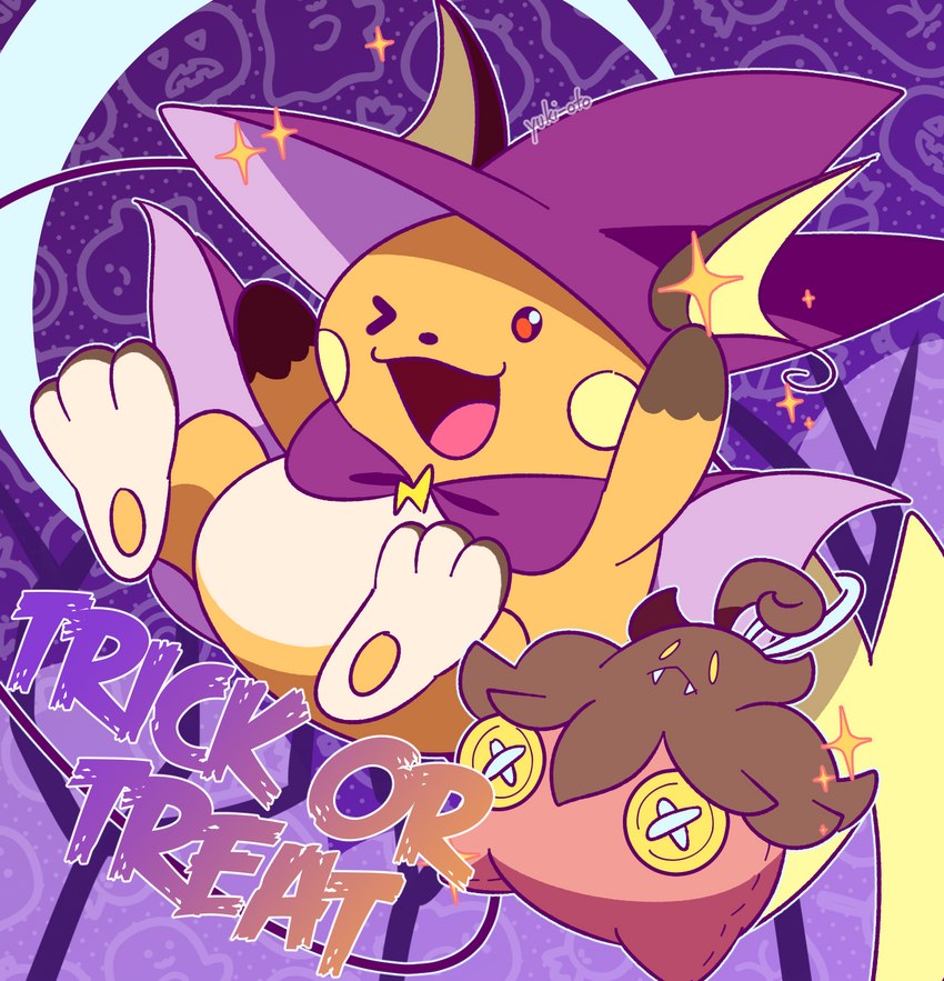 3_toes ambiguous_gender biped clothing duo fangs feet feral hat headgear headwear one_eye_closed open_mouth open_smile smile tail teeth toes witch_hat yuki_oto nintendo pokemon generation_1_pokemon generation_6_pokemon pokemon_(species) pumpkaboo raichu hi_res