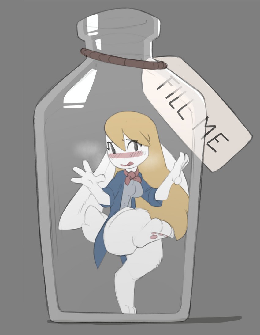 anthro behind_glass blush bottomless breath clothed clothing comically_large_object container dress female glass glass_bottle glass_container in_bottle in_container micro pawpads shrinking size_transformation small_tail solo tail transformation 4chan_anon anonymous_artist alice_in_wonderland alice_(alice_in_wonderland) coupon_alice lagomorph leporid mammal rabbit