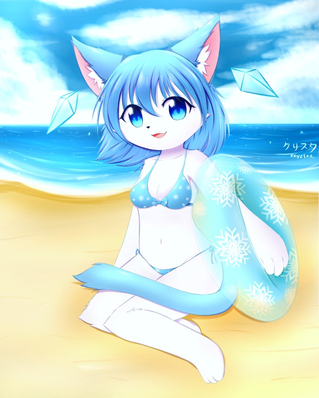 anthro beach bikini bikini_bottom bikini_top blue_bikini blue_bikini_bottom blue_bikini_top blue_body blue_clothing blue_ears blue_eyes blue_fur blue_hair blue_swimwear blue_tail breasts camel_toe cleavage clothed clothing cloud detailed_background female fur hair inflatable inner_ear_fluff inner_tube kemono long_hair looking_at_viewer navel outside pink_inner_ear sand sea seaside sitting sky smile solo swimwear tail tuft two-piece_swimsuit water white_body white_fur white_inner_ear_fluff young kryztar domestic_cat felid feline felis mammal 4:5 absurd_res digital_media_(artwork) full-length_portrait hi_res portrait shaded signature