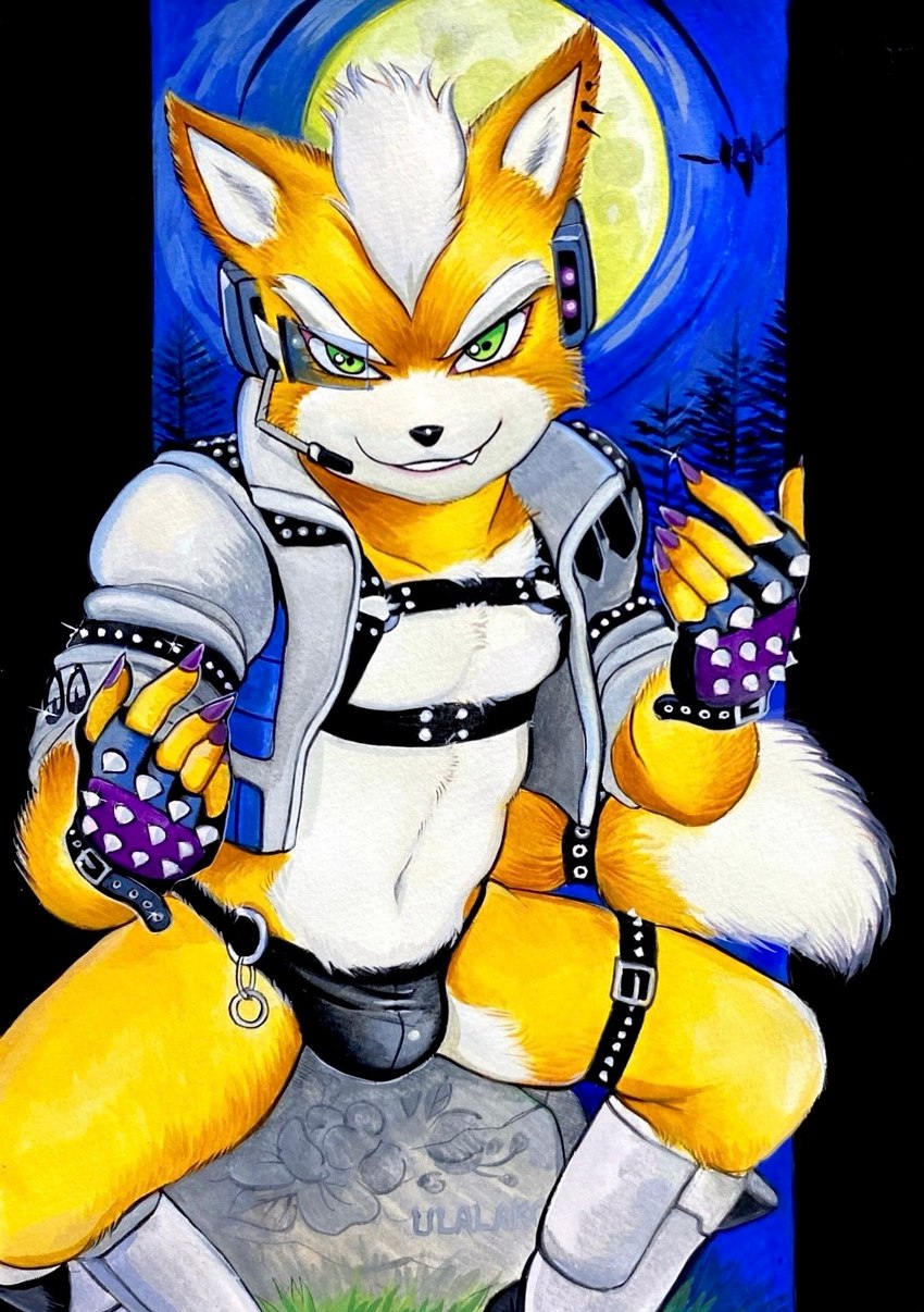 anthro boots bulge clothed clothing fingerless_gloves footwear fur gloves green_eyes handwear harness jacket male navel orange_body orange_fur shoes skimpy solo thong topwear underwear ulala_ko nintendo star_fox fox_mccloud canid canine fox mammal hi_res