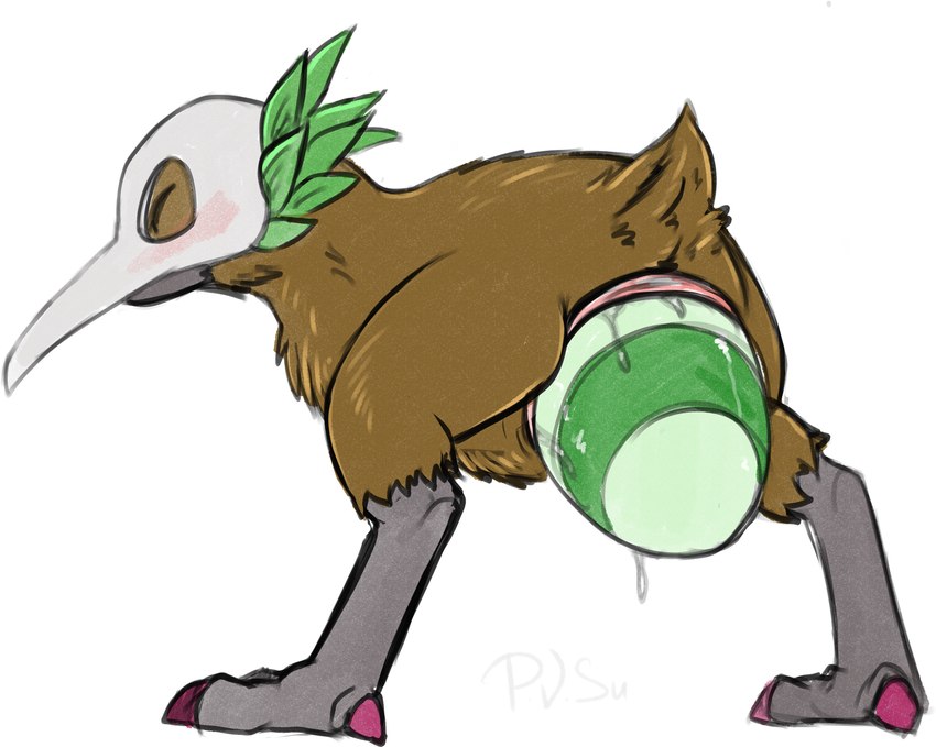 animal_genitalia animal_mask avian_butt beak beak_mask bodily_fluids brown_body brown_feathers claws cloaca egg feathers feet female feral genital_fluids genitals mask oviposition solo talons toes p.v.su bandai_namco digimon avian bird digimon_(species) kiwi_(bird) kiwimon ratite hi_res