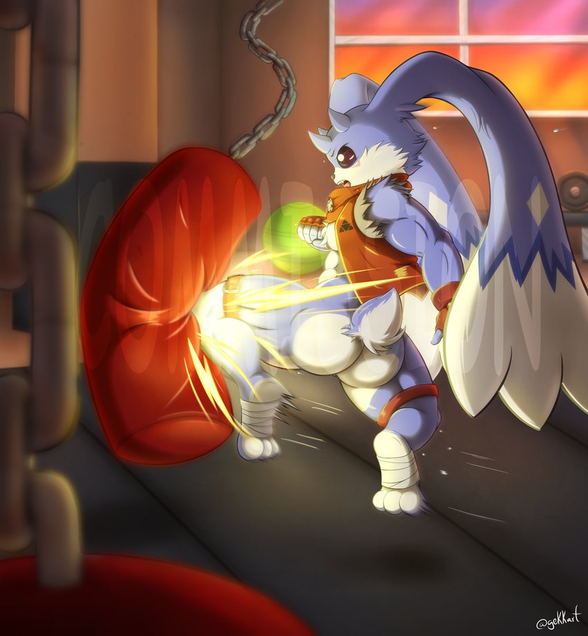 anthro beady_eyes blue_body blue_fur bottomless butt clothed clothing fur horn kick long_ears male punching_bag sandbag solo gekkart bandai_namco digimon digimon_(species) turuiemon absurd_res hi_res